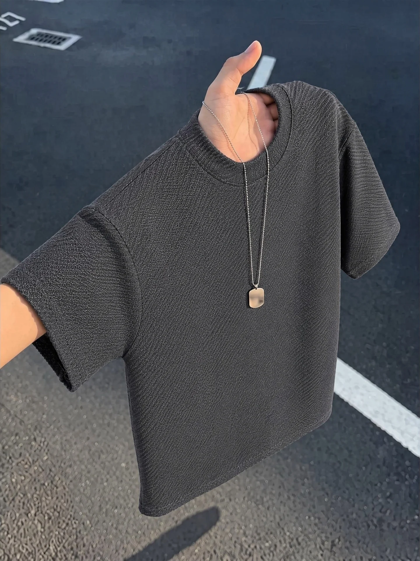 Grey Dragon Scale Texture round Neck Short Sleeve Men's T-shirt Breathable Lightweight American Style Shoulder T-shirt