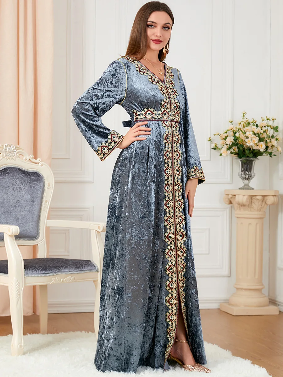 Nhung Hồi Giáo Đầm Nữ Abaya Thêu Maroc Đầm Dự Tiệc Mùa Đông Làm Dày Chia Abayas Dài Hồi Giáo Nhĩ Kỳ Tiếng Ả Rập Dài Áo Dây