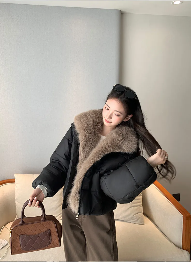 Korean Women's Short Puffer Jacket with Large Fur Collar Women Loose Thick Padded Cotton Coats Female Solid Casual Zipper Parkas