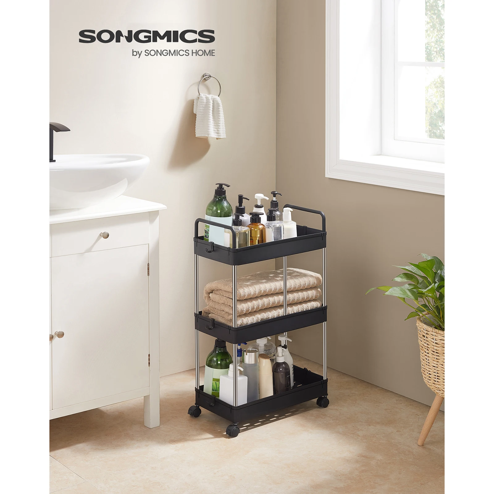 SONGMICS 3-Tier Storage Trolley, Kitchen Shelf on Wheels, Bathroom Trolley, Space-Saving, with Handles, 22 x 40 x 67 cm