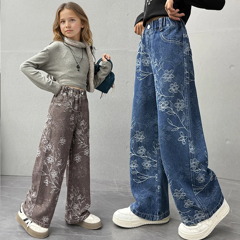 Girls jeans jacquard wide-leg pants autumn wide  prints floral straight-leg pants suitable for children aged 5-15