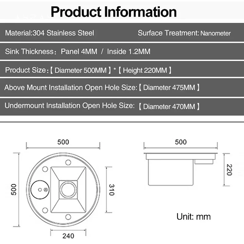 ASRAS Nanometer Hidden Circular Mini Kitchen Island Sink 304 Stainless Steel 4mm Thickness Handmade Sinks Cup Rinser Sinks