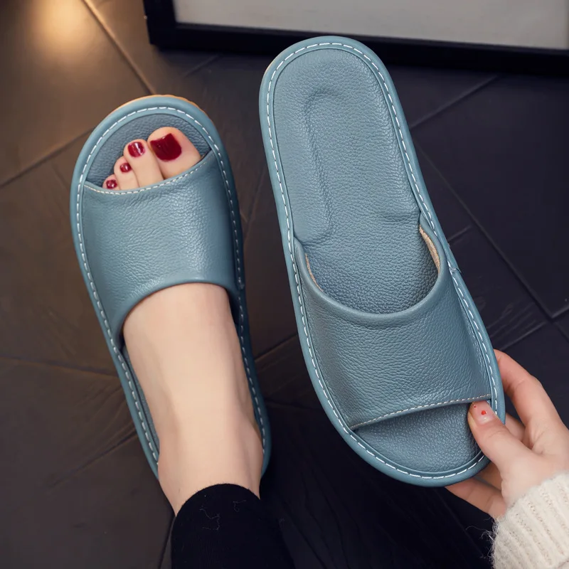 

Men's Slippers High Quality Cow Leather Slippers Summer Open Toe Slipper Fashion Casual Beach Slides Comfort Couple Home Slipper