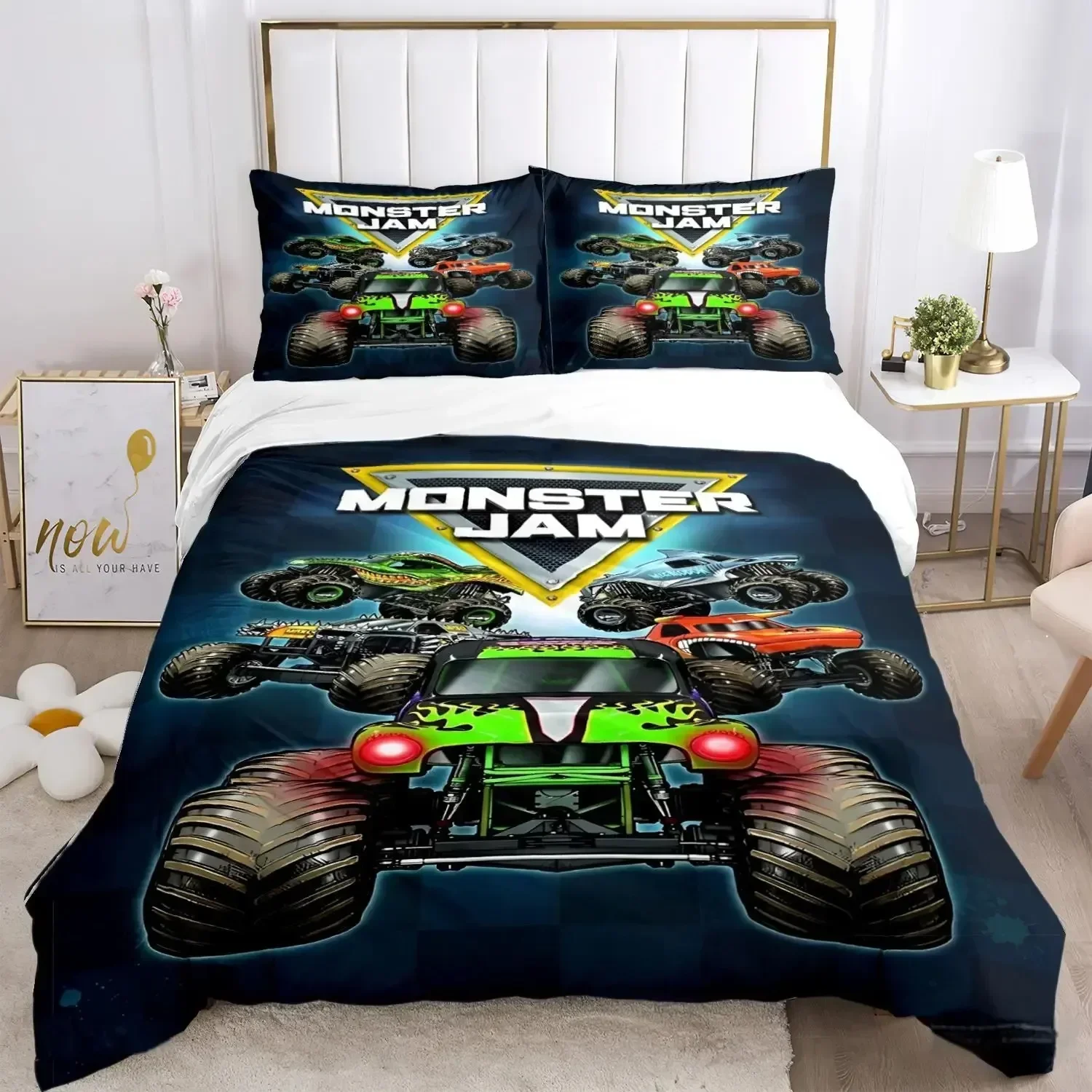 Set Seprai Selimut Penutup Selimut Semua Musim Monster Truck Kartun Penutup Selimut Lembut dan Sarung Bantal SingleDoubleQueenKing