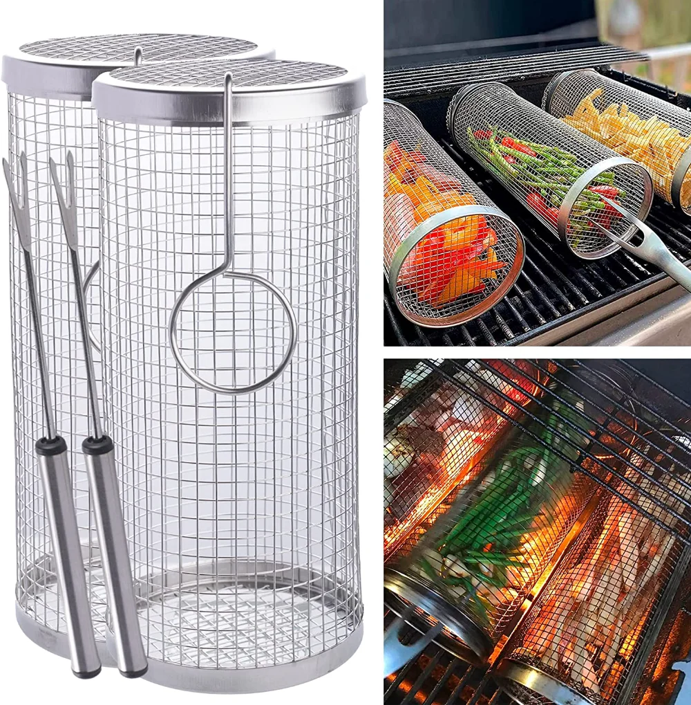 

Rolling Grilling Basket BBQ Net Tube Round Stainless Steel BBQ Grill Mesh Cylinder Camping Barbecue Rack for Vegetables Fries