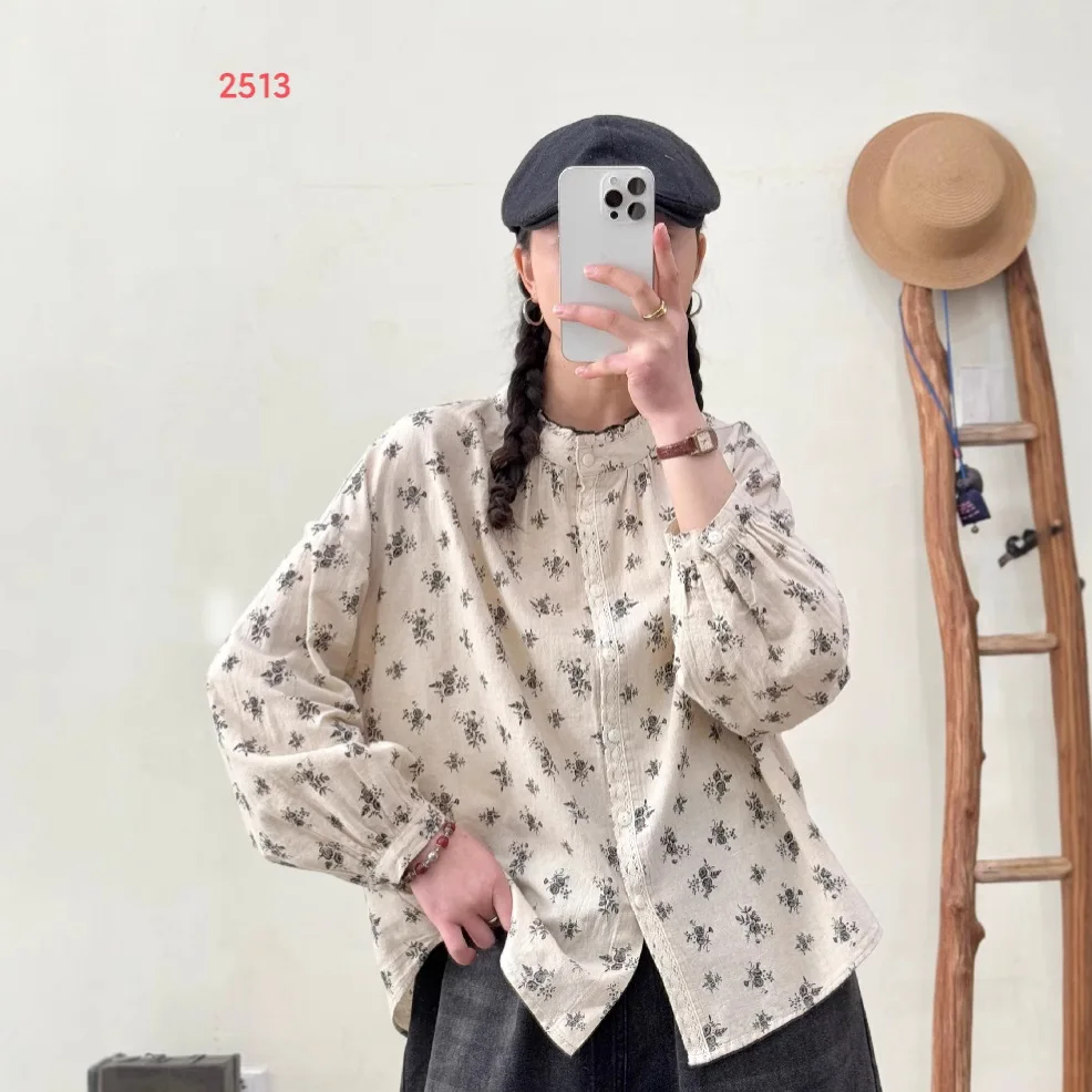 

[Готовый запас] Высококачественная женская блузка из 100% хлопка, рубашка Wenyi Fan с цветочным принтом и длинным рукавом, кружевной воротник с грибком, рубашка с принтом, топ