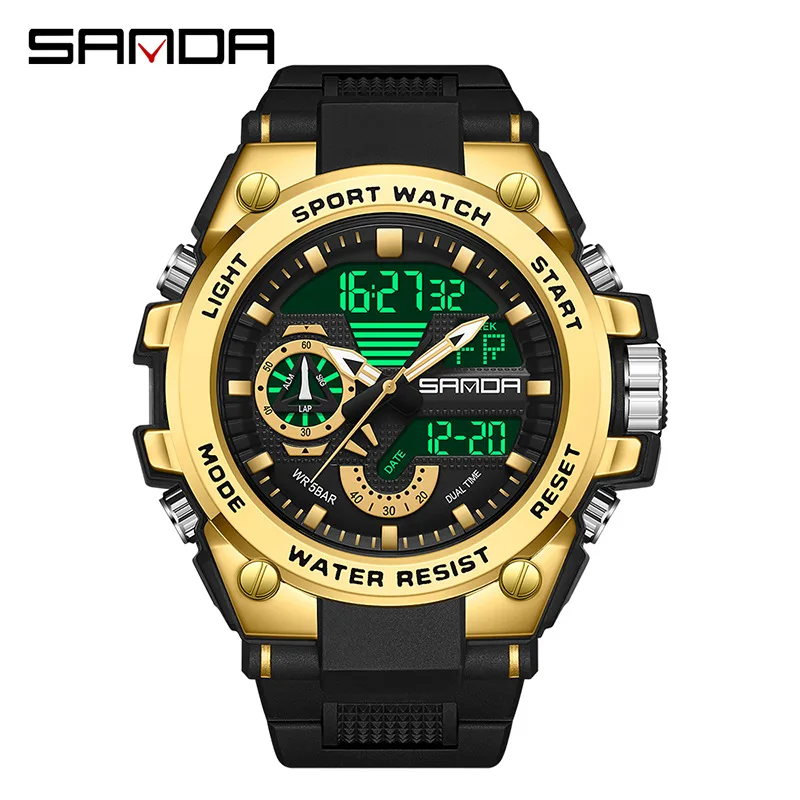 SANDA 3302 Men\'s Digital Watch Youth Multifunctional Fashion Trend Men Watches Cool Outdoor Waterproof Alarm Clock Wristwatch