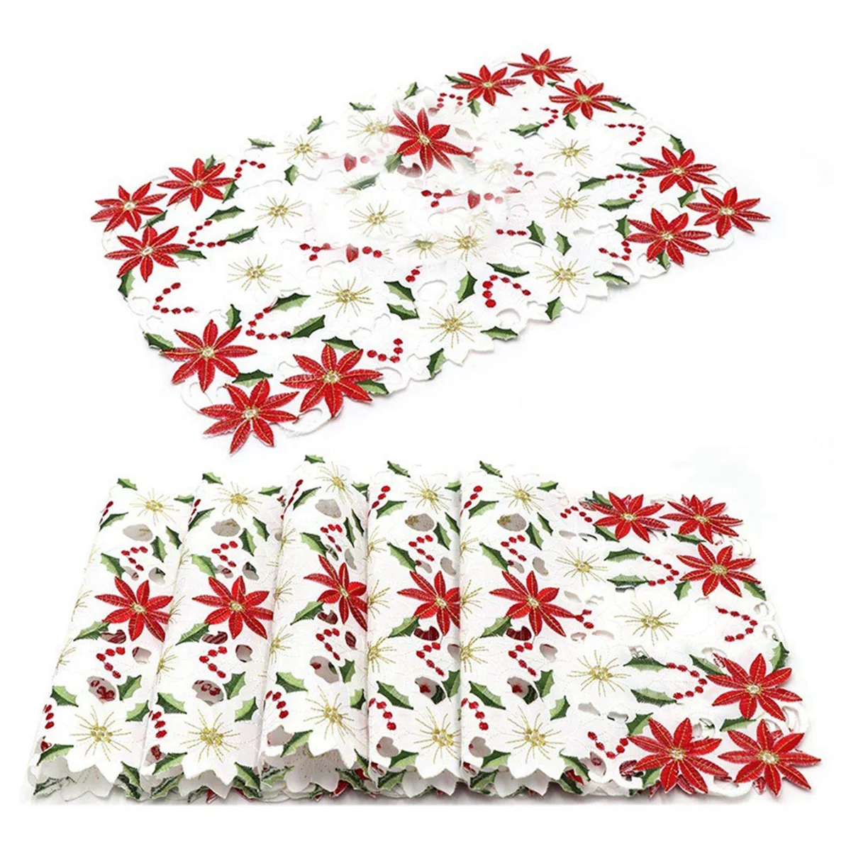 Placemats Set of 6 Embroidered Christmas Poinsettia & Holly Design, 11x17 Inch Christmas Table Decor