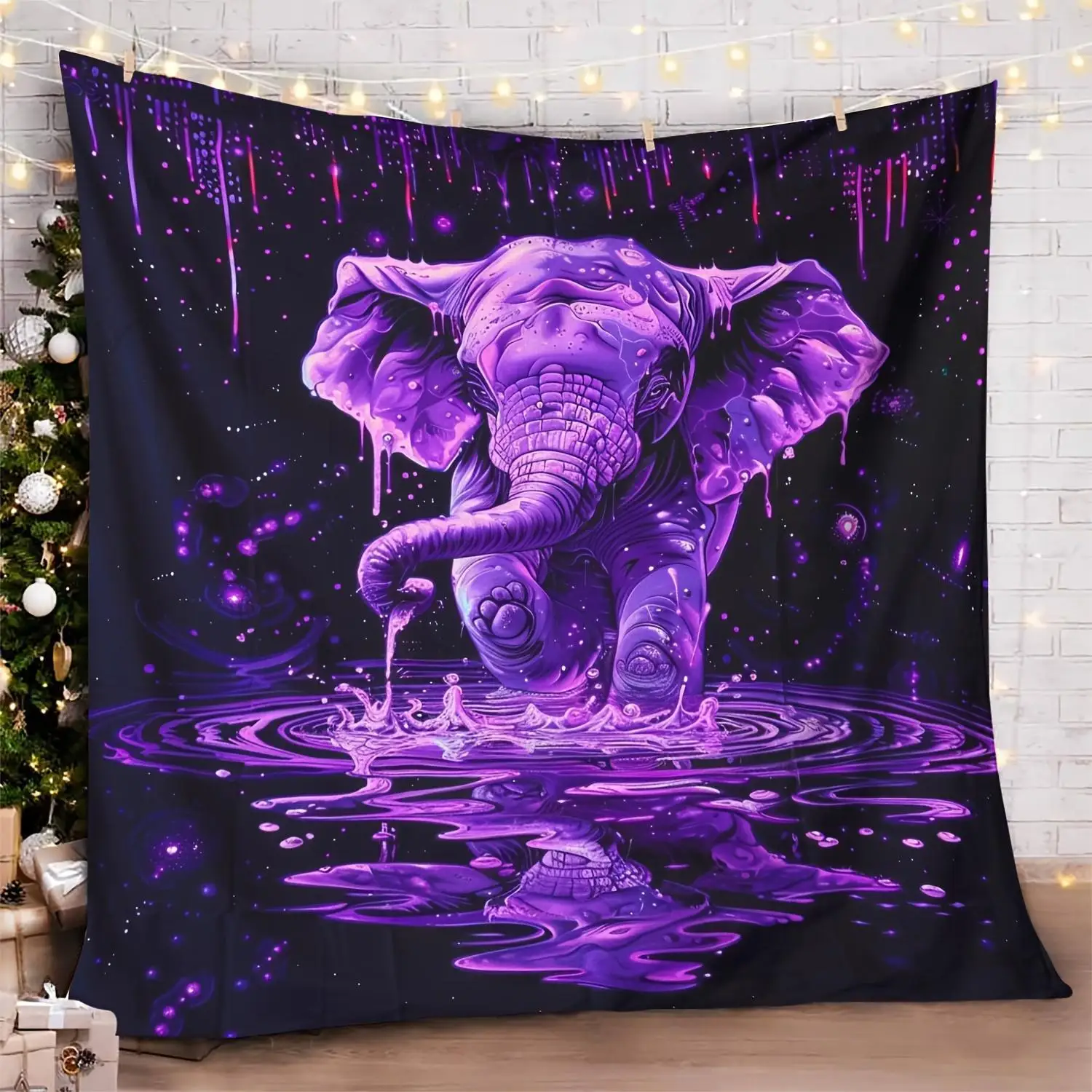 Ultra Soft Flannel Throw Blanket Purple Elephant Pattern on Black Background For Sofa Bedroom Office Valentine's Day Gift