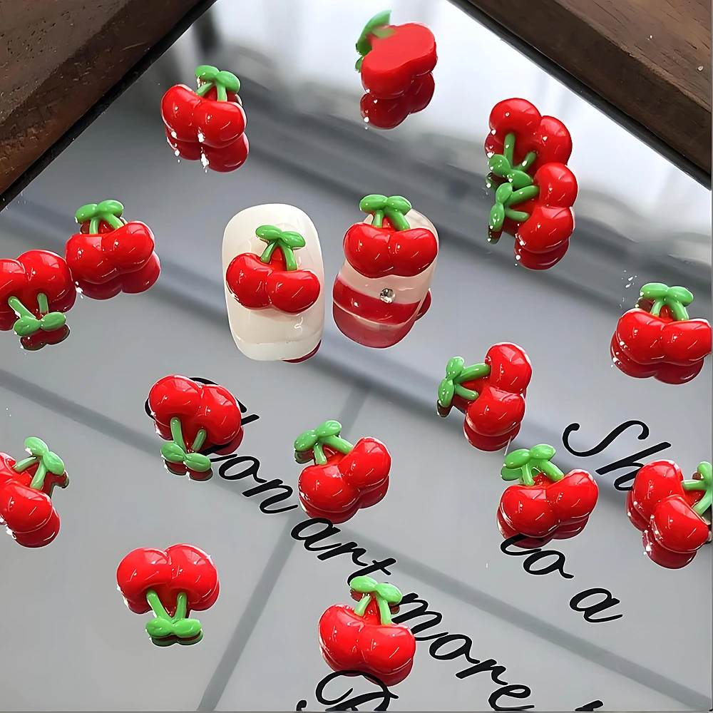 

30PCS Red 3D Acrylic Cherry Nai Art Charms Kawaii Accessories Parts For Nails Decoration Design Manicure Decor Supplies Material