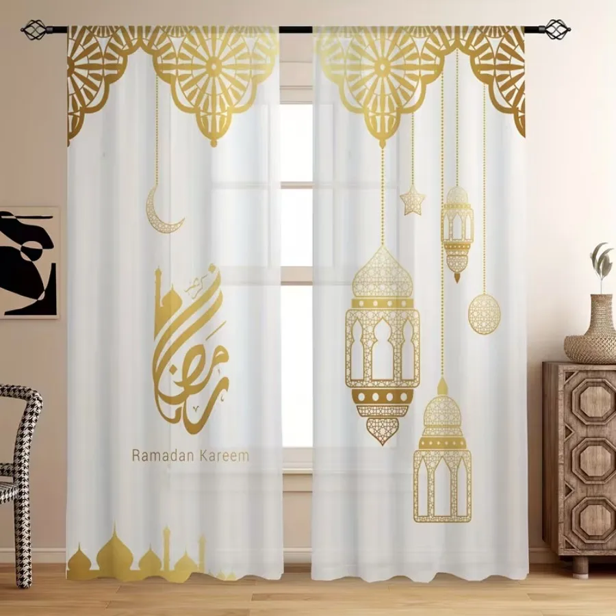 2 PCS Golden Ramadan Curtains, Sacred Festival Style Window Drapes for Living Room Bedroom Home Decor Polyester Rod Pocket