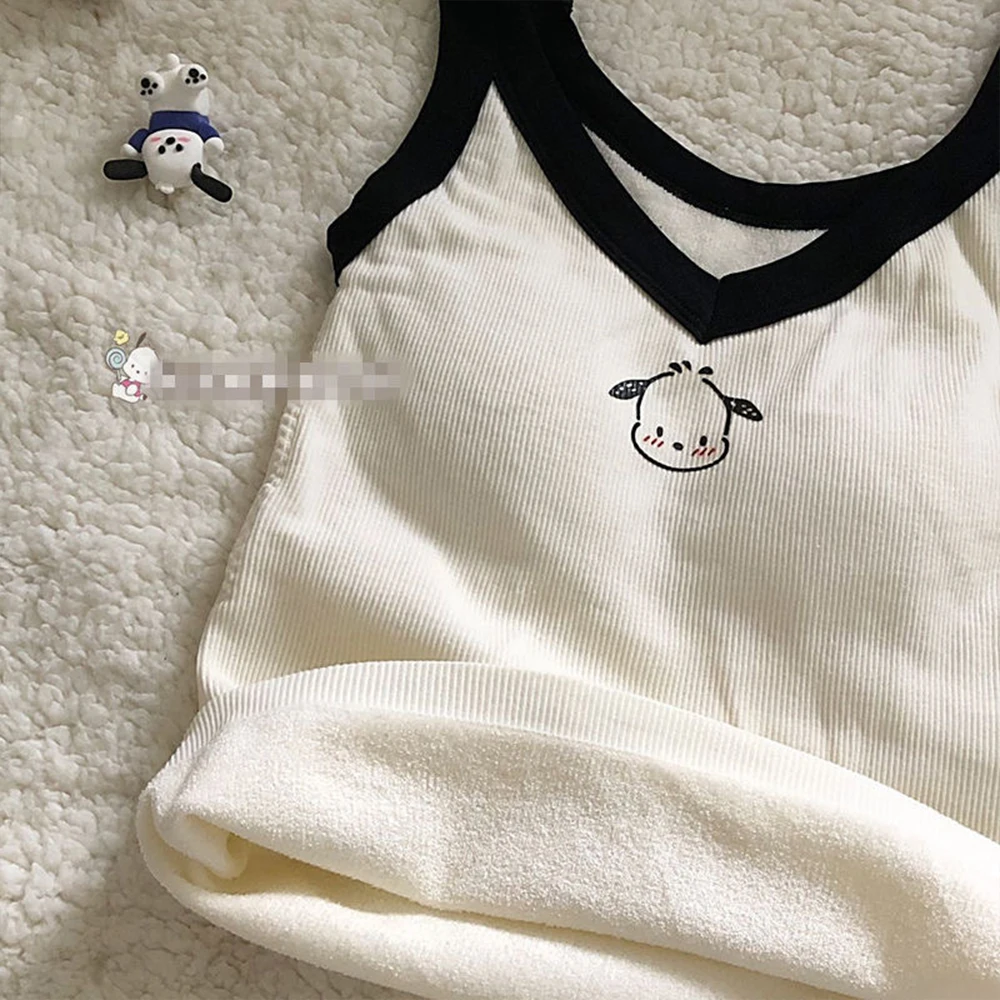 Hello Kitty เสื้อกั๊ก Sanrioed ฤดูหนาว WARM เสื้อกล้ามผู้หญิง Thicken Kawaii อะนิเมะ Pochacco กํามะหยี่ SLIM FIT Tops SEXY Crop TOP นักเรียน