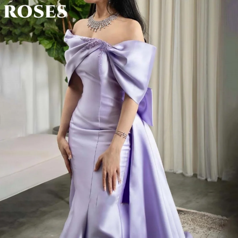 ROSES Purple Modern Style Prom Gown Elegant 3D-Bow Prom Dress Satin Off Shoulder Celebrity Dresses for Woman 프롬 드레스 Customized