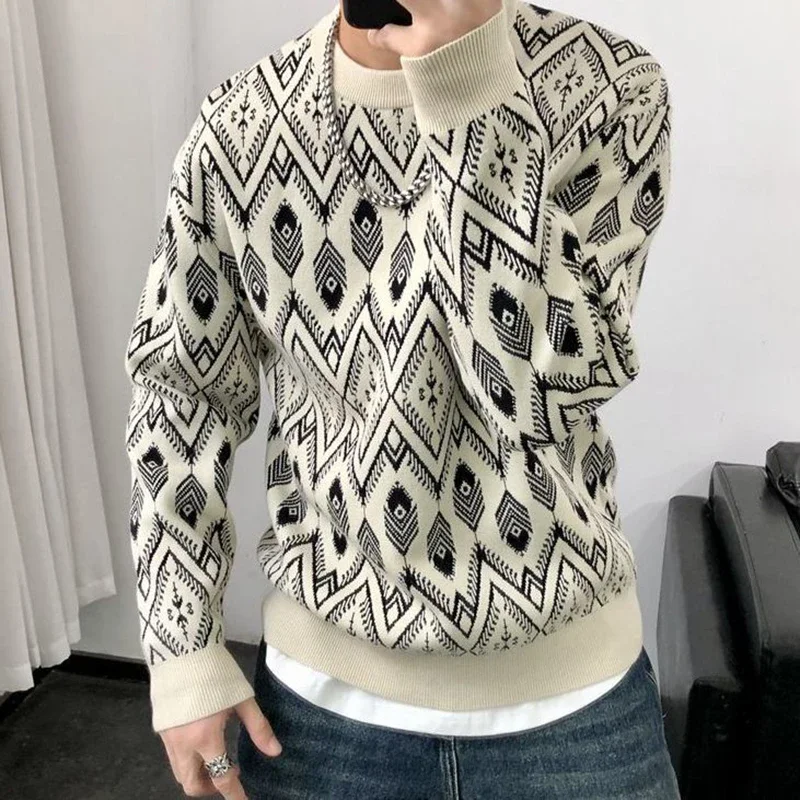 เสื้อสเวตเตอร์แฟชั่น คอทรงโอ ตัดต่อ ลายเรขาคณิต สไตล์วินเทจ เสื้อผ้าผู้ชาย ฤดูใบไม้ร่วง ฤดูหนาว รุ่นใหม่ ทรงหลวม สไตล์เกาหลี เสื้อสวมหัวลำลอง