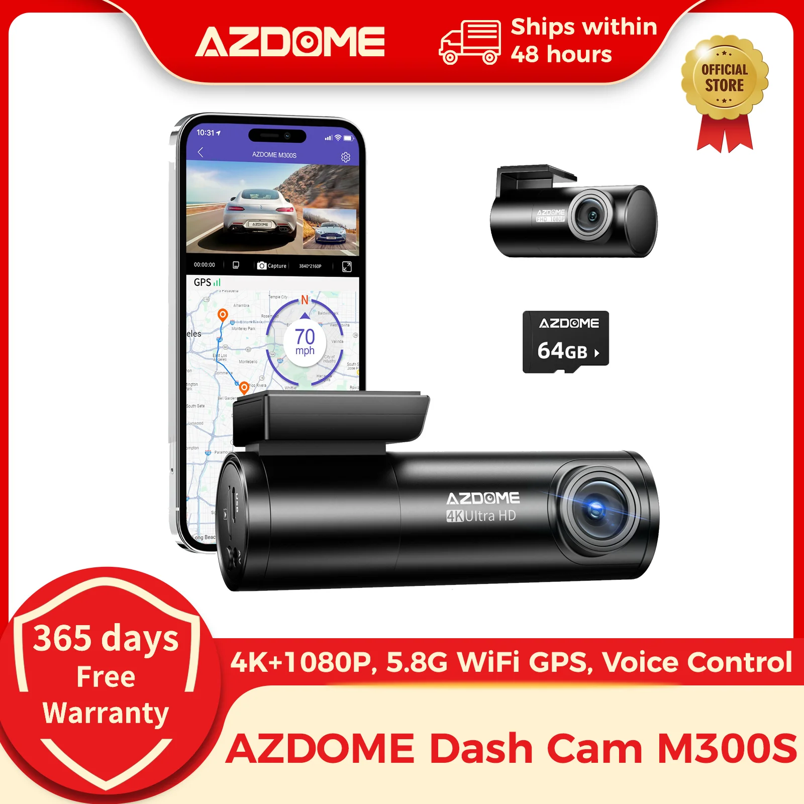 AZDOME M300S 4K Dash Cam Delantera y Trasera, Cámara de Tablero GPS WiFi 5.8G para Coches, Tarjeta SD Gratuita de 64 GB, Control de Voz, Visión