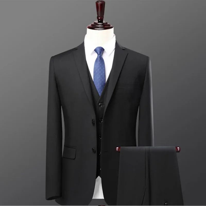 Single-row Two-button Men's Fashion (suit + Vest + Trousers) Solid Color Suit Jacket Slim-fit Business Professional 3-piece Set