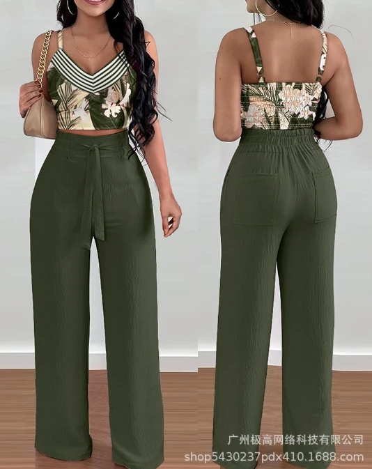 

Two Piece Set Women Outfit 2024 Summer Fashion Tropical Print V-Neck Shirred Crop Top & Casual High Waist Wide Legs Pants Set