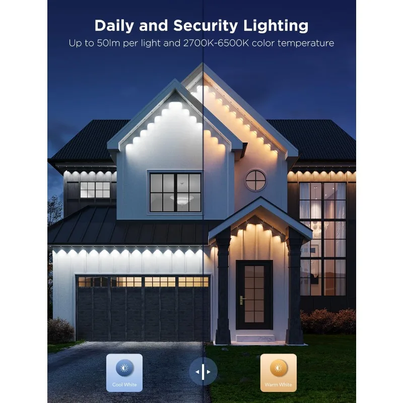 أضواء خارجية احترافية، بطول 150 قدمًا مع 90 مصباح LED RGBIC للإضاءة اليومية والمميزة، 75 وضعًا للمشهد للاستخدام الخارجي في ديسمبر