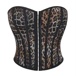 Leopard Print Corset Crop Top Women Brocade Overbust Bustiers Lace Up Plastic Boned Body Shaper Short Torso Sexy Corselet