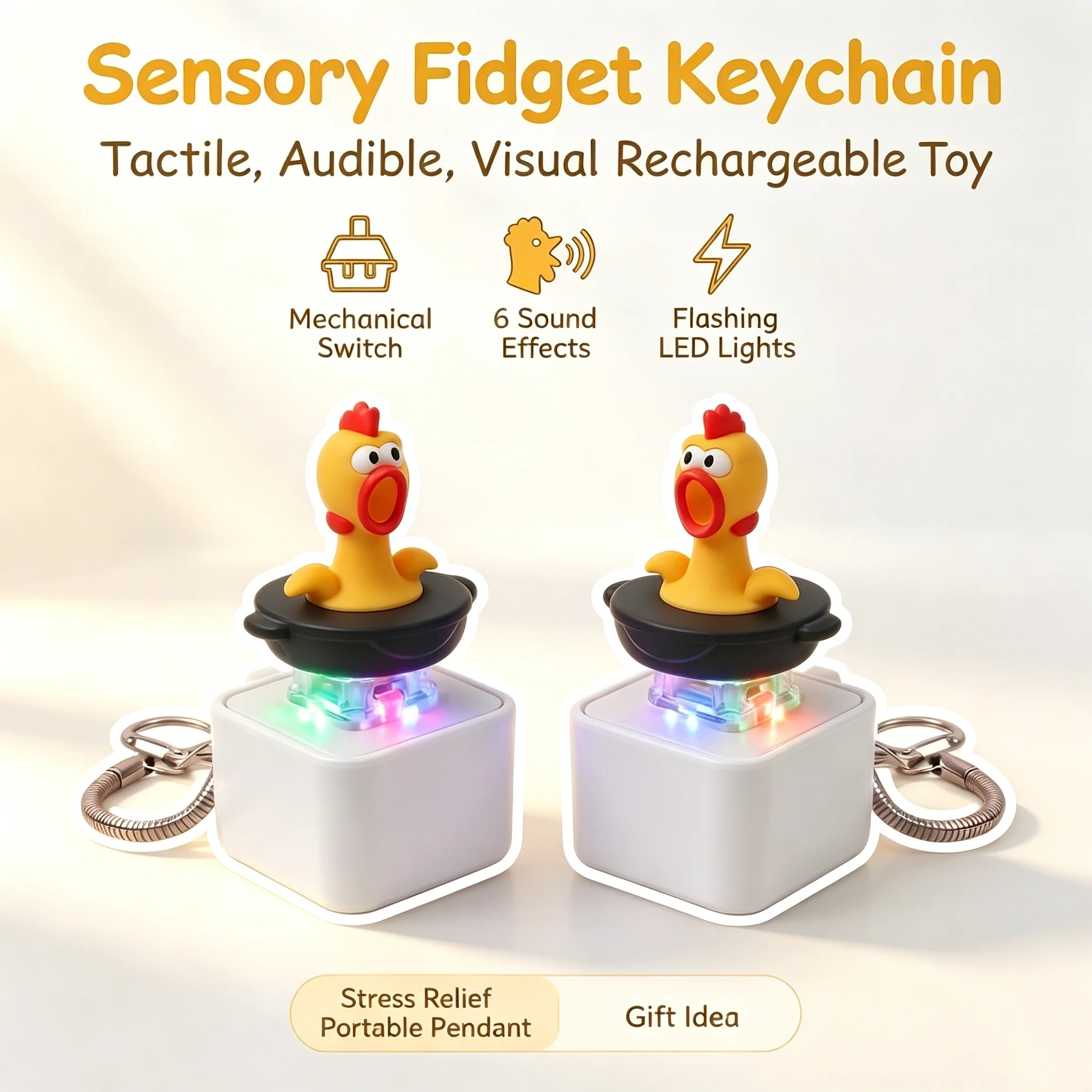 1/3PCS Screaming Chicken Keychain Sound Light Effect Press Button Stress Relief Fidget Toy Bag Pendant Novelty Birthday Gift