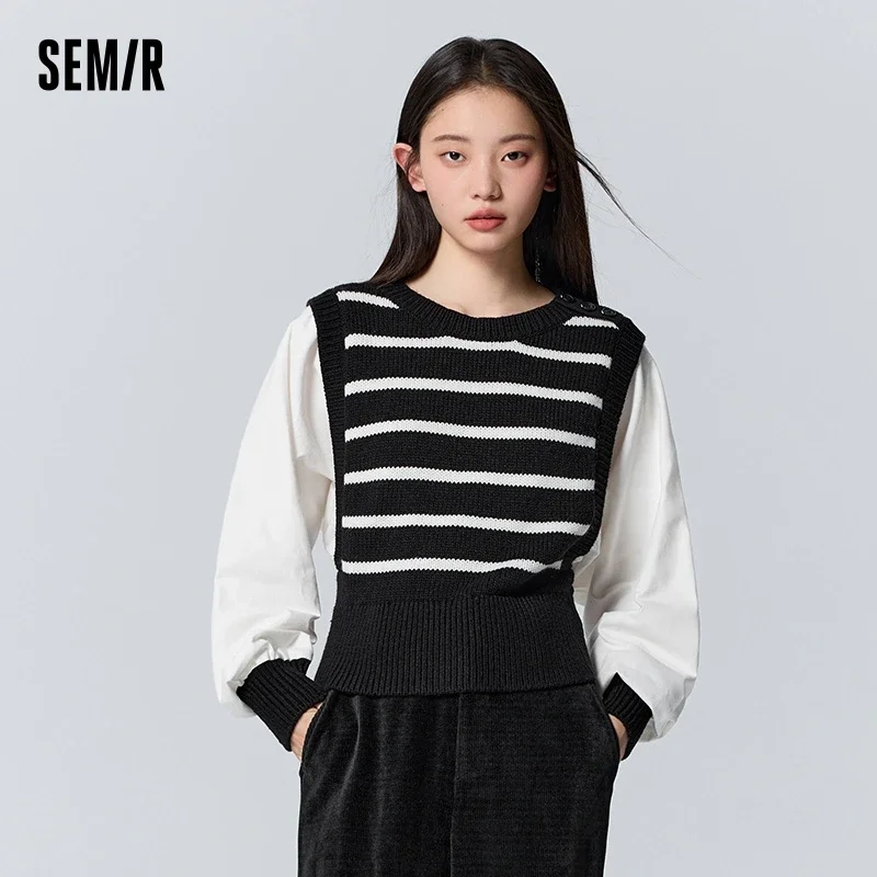 Semir Sweater Women Short Slim Fit Commuting Temperament Winter Elegant Splicing Striped Sweater