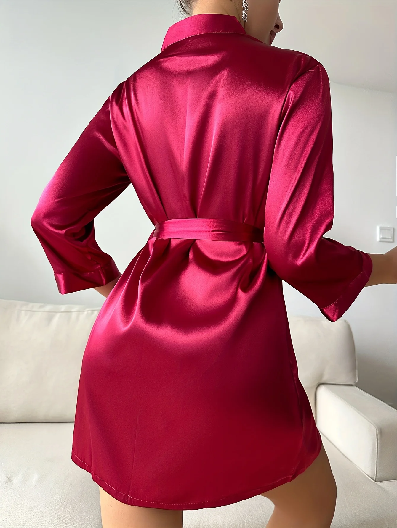 Women's Silk Tie-Waist Short Robe Lightweight Summer Sexy Elegant Comfortable Loungewear Solid Color Homewear