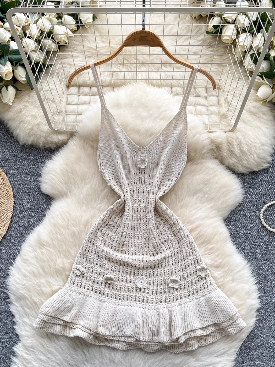 Foamlina Summer Ruffle Knit Dress Women Sexy Chid Girl's Halter Bodycon 3D Floral Cinched Waist Mini A-line Dress Holiday