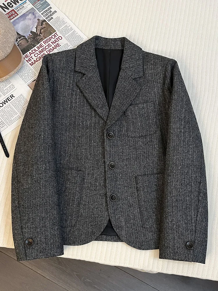 

Тонкий винтажный пиджак из искусственной шерсти, женский повседневный пиджак с длинным рукавом в стиле Харадзюку, серый костюм, пальто, осень-зима, корейская куртка с длинными рукавами и карманами