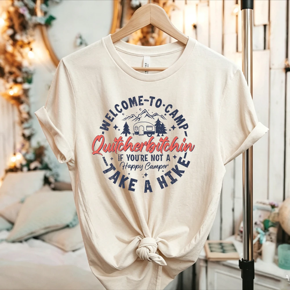 Autumn Women Happy Camper Vintage RV Camping Cotton T Shirt Funny Letter Graphic Casual Outdoor Short Sleeve Tee Hiking Tops