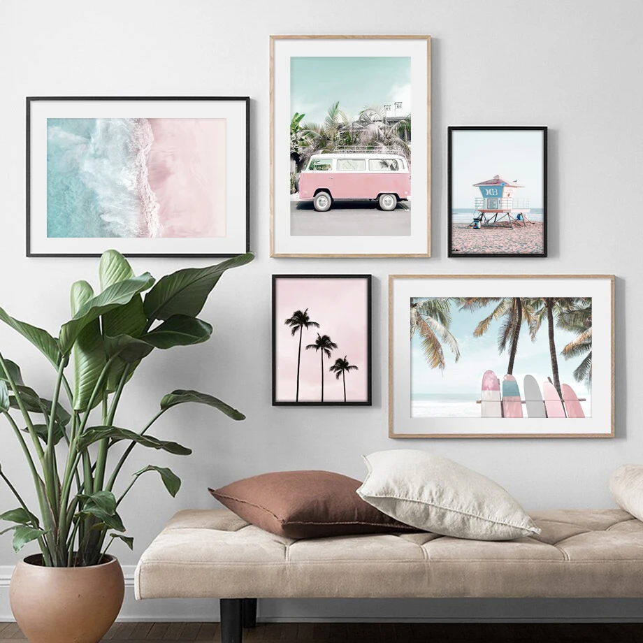 Pink Bus Beach Palm Surfboard Conch Posters Minimalist Print Canvas Painting Wall Art for Living Room Modern Home Decor