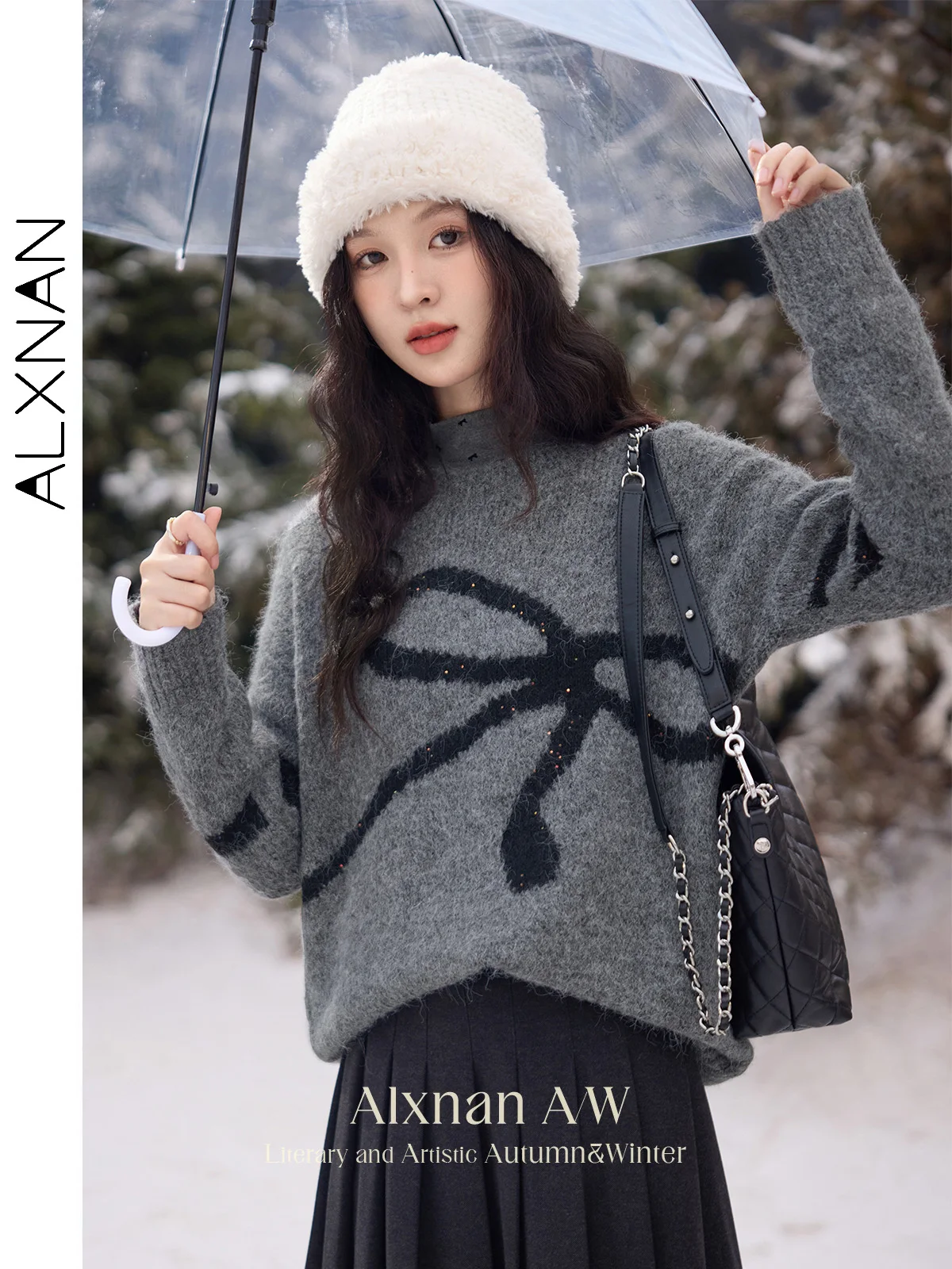 

ALXNAN Women Loose Knitted Sweaters Warm Round Collar Long Sleeve Bow Print Pullovers 2024 Winter Knit Tops Lady Clothing L52550