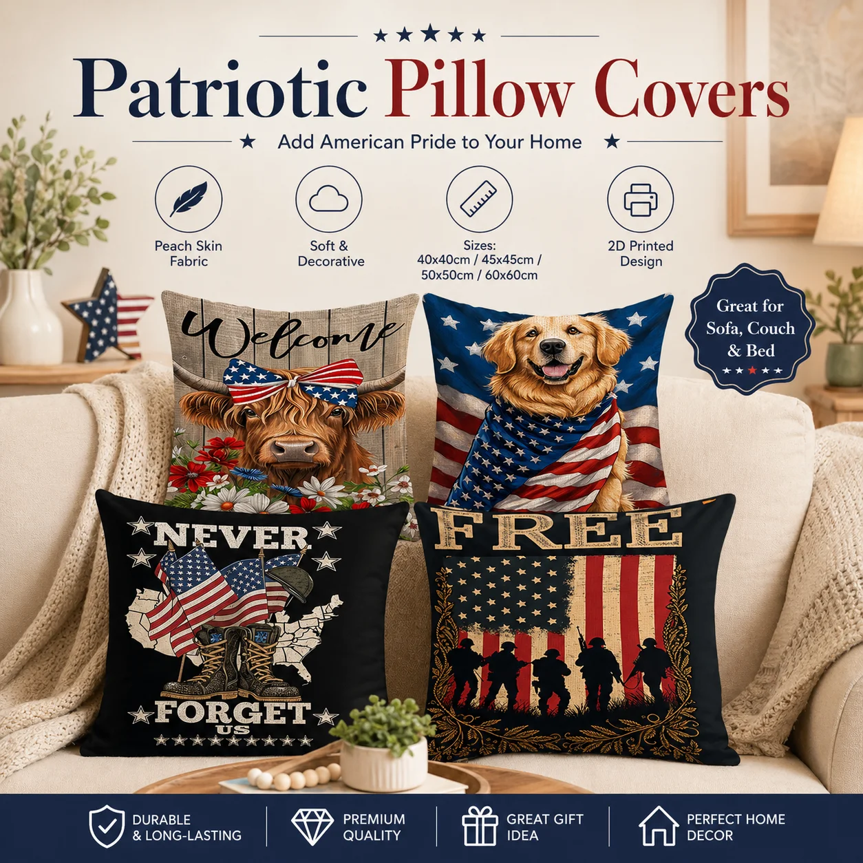 

American Flag Golden Retriever Highland Cow 2D Flat Print Peach Skin Cushion Cover Throw Pillowcase for Sofa Couch Bedroom 45x45