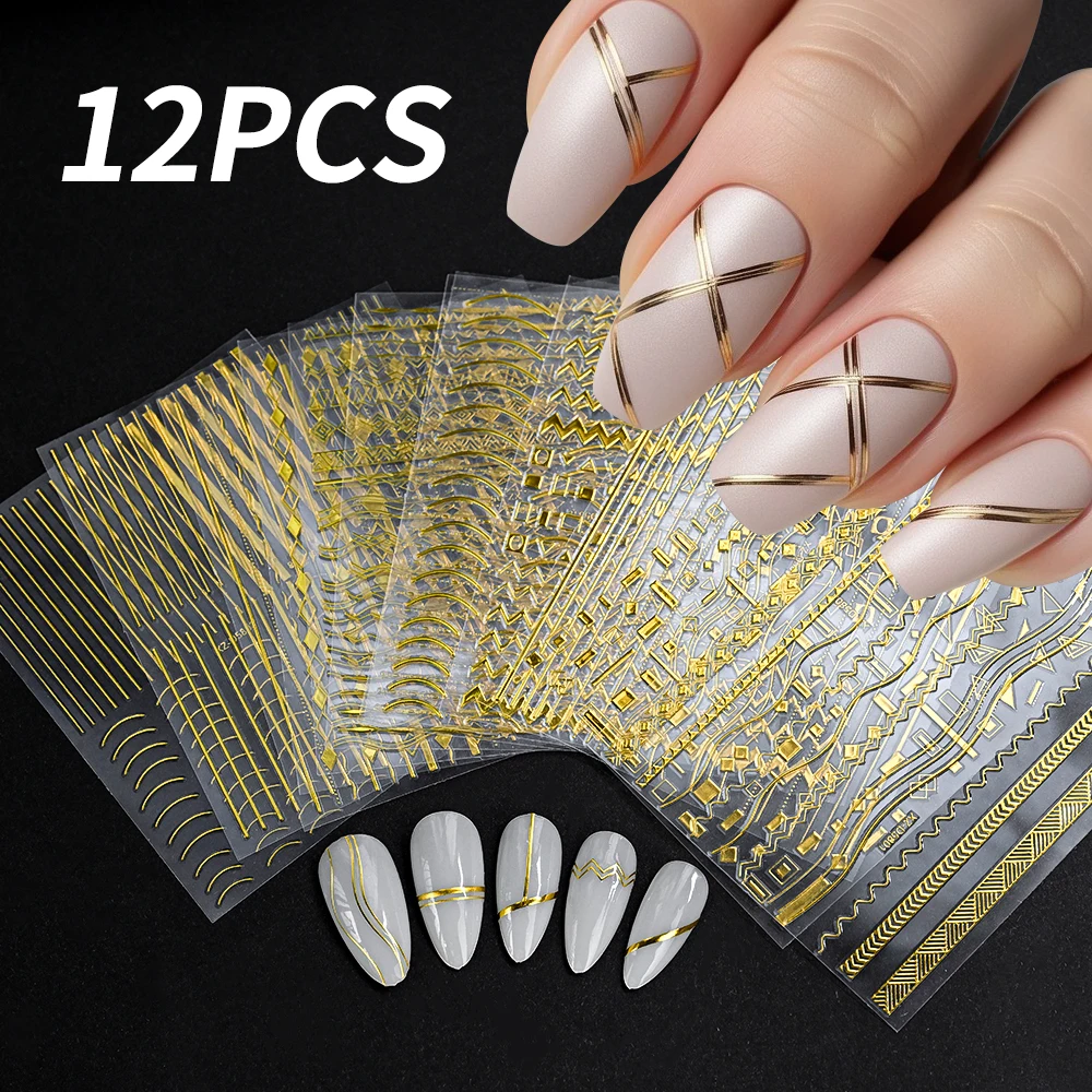 12 sztuk 3D złote metaliczne naklejki do paznokci z nieregularnymi paskami francuskie metaliczne faliste linie samoprzylepne naklejki DIY materiały do ​​paznokci