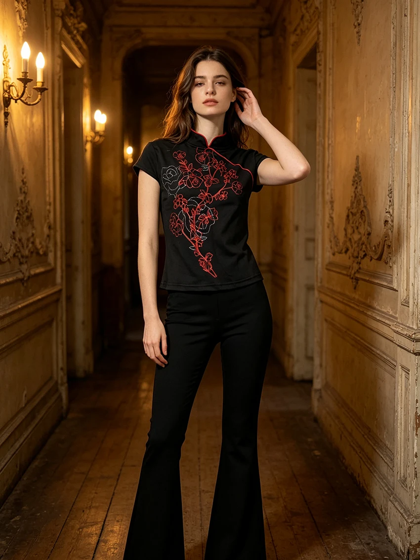 Trend Oriental Women Short Sleeve Qipao Tops Red Rose Rhinestone Graphic Mandarin Collar Slim Cropped Asymmetric Placket Blouses