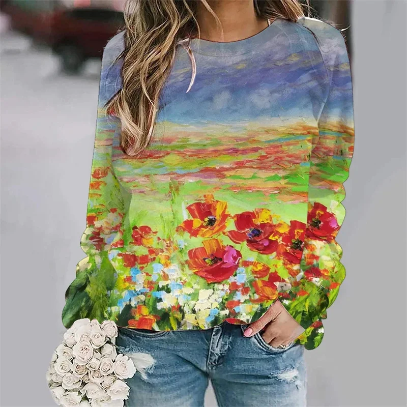 New Spring Pullover Long Sleeve Graphic T-shirts Oil Painting Printed Long T-Shirt For Women Street O Neck Oversized Tee Y2k Top