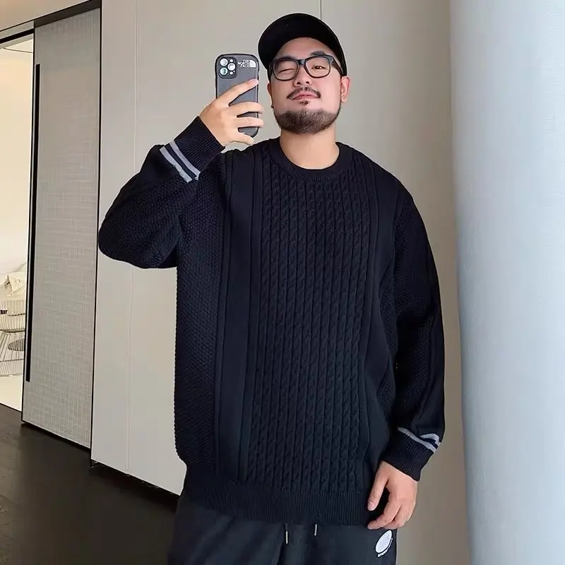 

Loose Fit Autumn Winter Large Size Knitted Sweater Men's plus Size round Ne Lazy Sle Fat Guy Long Sve Baseball Collar