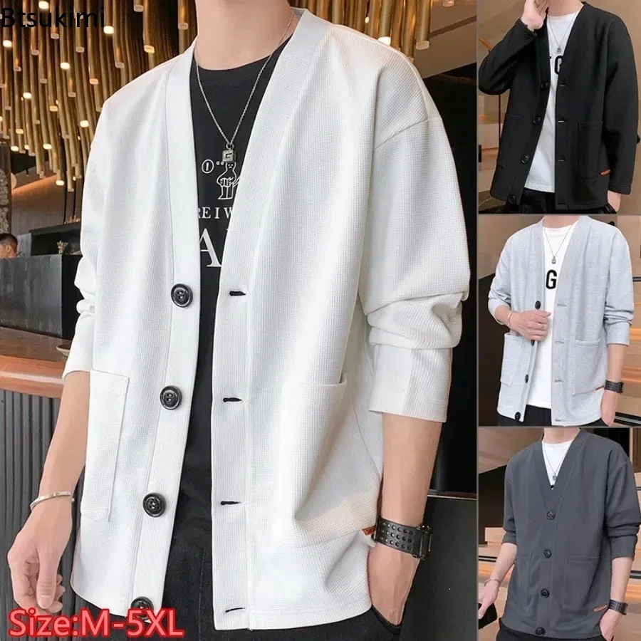 2026 Men's Waffle V Neck Cardigan Hoodies Fashion Splice Pockets Business Casual Jacket High-end Handsome Trench Coats Tops Male