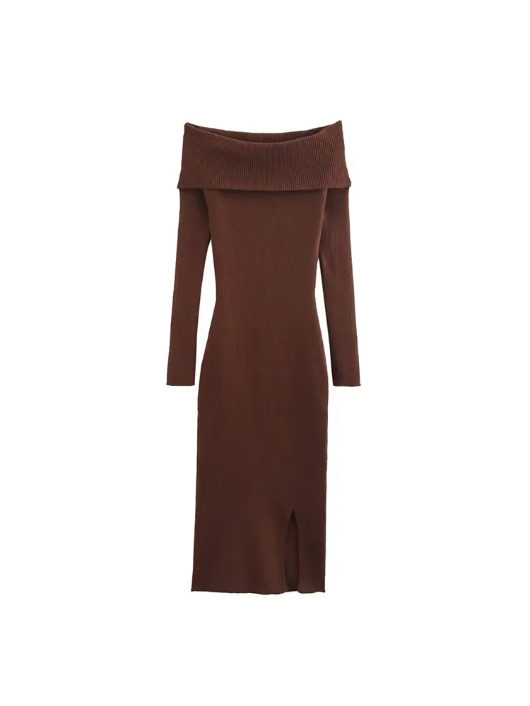 

Pop European And American 2024 Autumn New Women's Retro One-shoulder Slim Long-sleeved Sexy Slit Hip-wrapped Knitted Dress