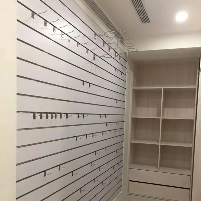 Custom. wood mdf plywood slatwall panel slat wall with groove Melamine Slotted MDF 15mm 16mm 18mm has inserted metal