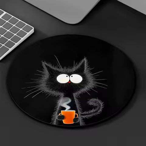 Black Cat Round Mouse Pad Durable Non-Slip Rubber Mat Office Gaming Desk Pad Mouse Mat Setup Desk Accessories Mousepad Carpet