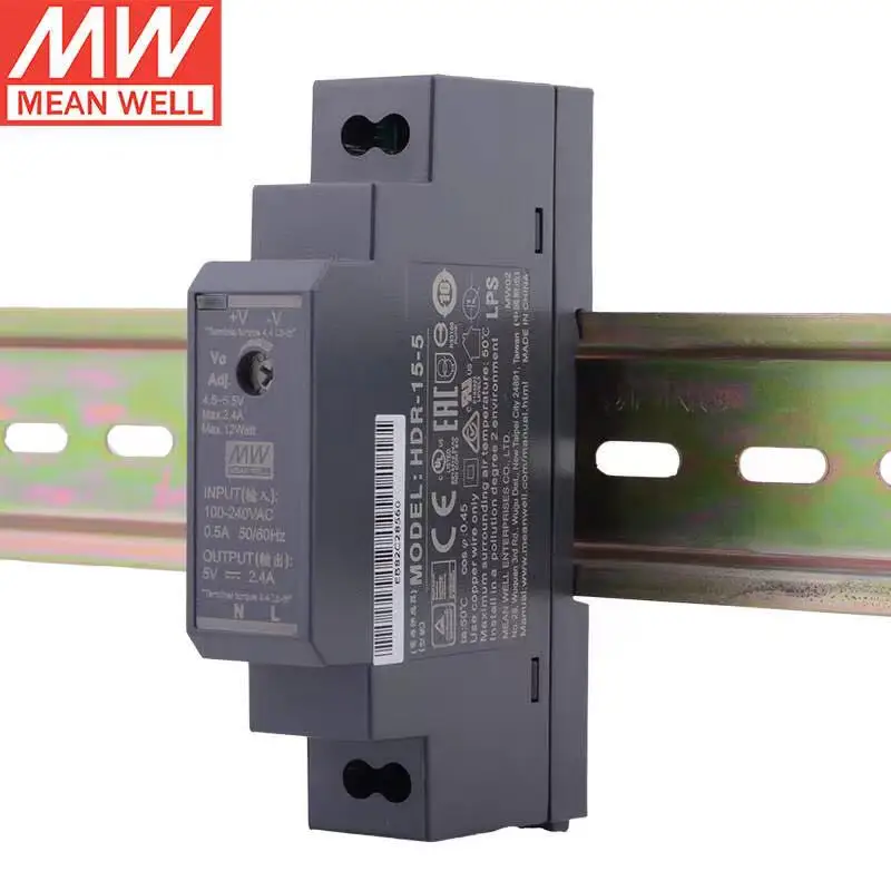 

MW HDR-15-5 5V 2.4A 12W Ultra Slim Step Shape DIN Rail Single Output Industrial Power Supply Brand New Original Authentic