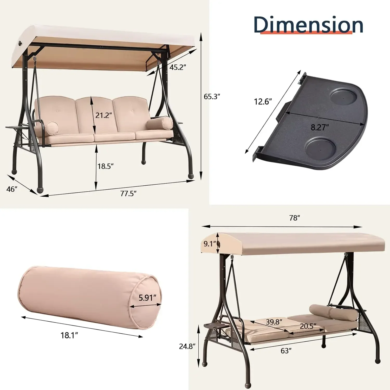 NOBLEMOOD-Balanço da varanda do pátio, balanço ao ar livre com dossel ajustável, almofada de tecido impermeável, travesseiro lateral dobrável, 3 assentos