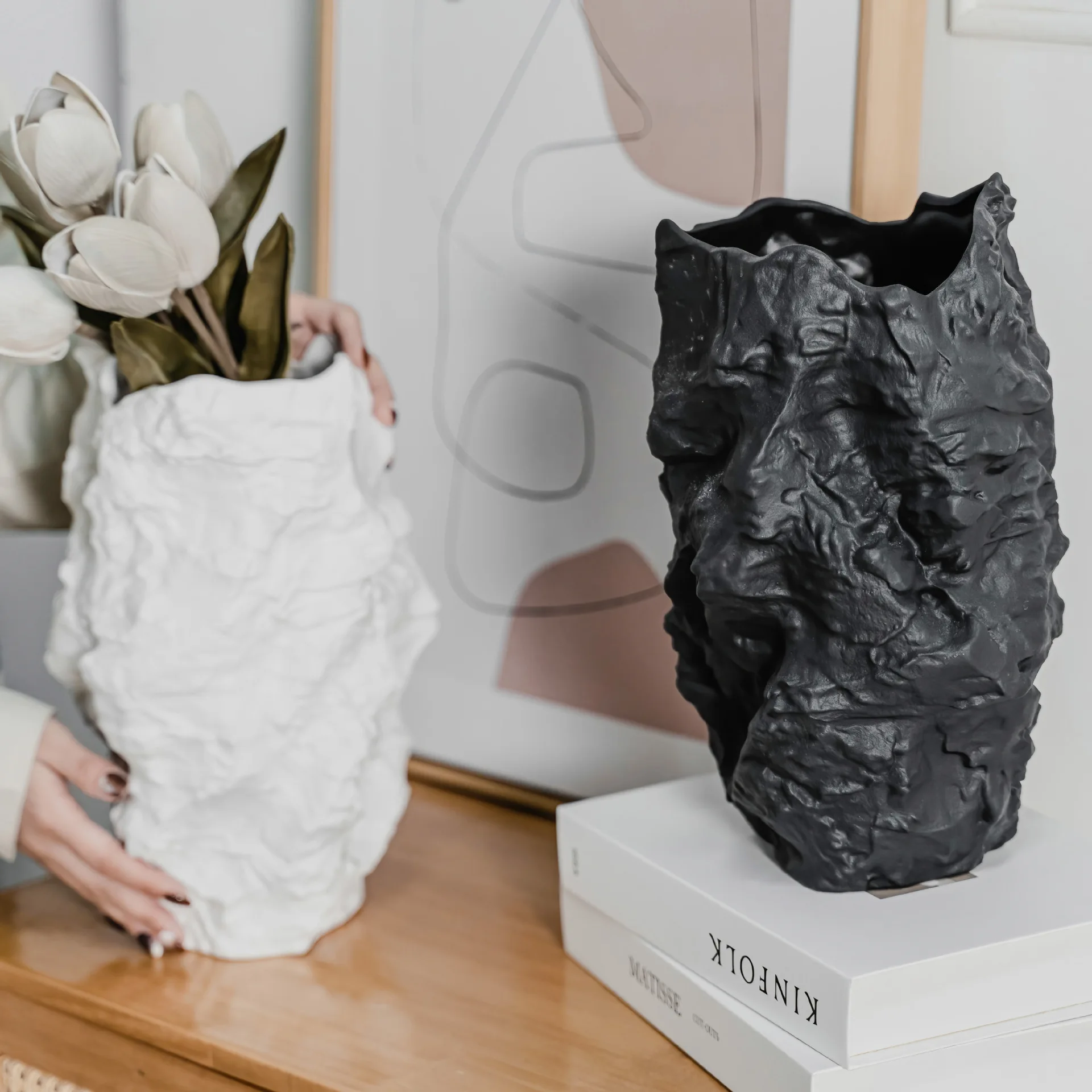 Ceramic Vase Irregular Stone Grain Black and White Flower Pots Accessories for Flower Arrangement Craft Ornaments Flower Vases