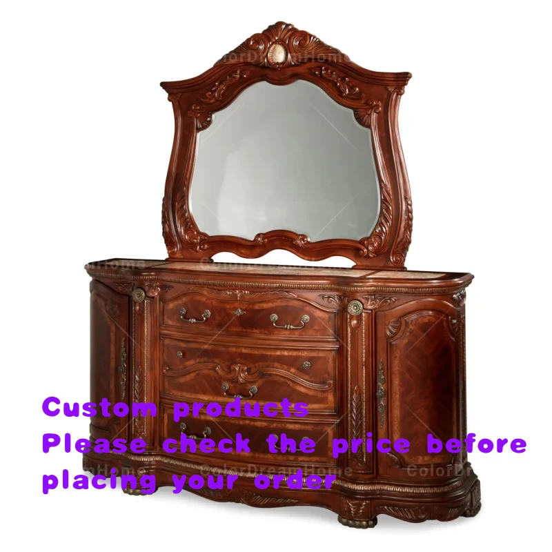 custom.Antique Design Bedroom Furniture Classic America Style Bedroom Decor Handmade Solid Wood Carved Dresser with Mirror