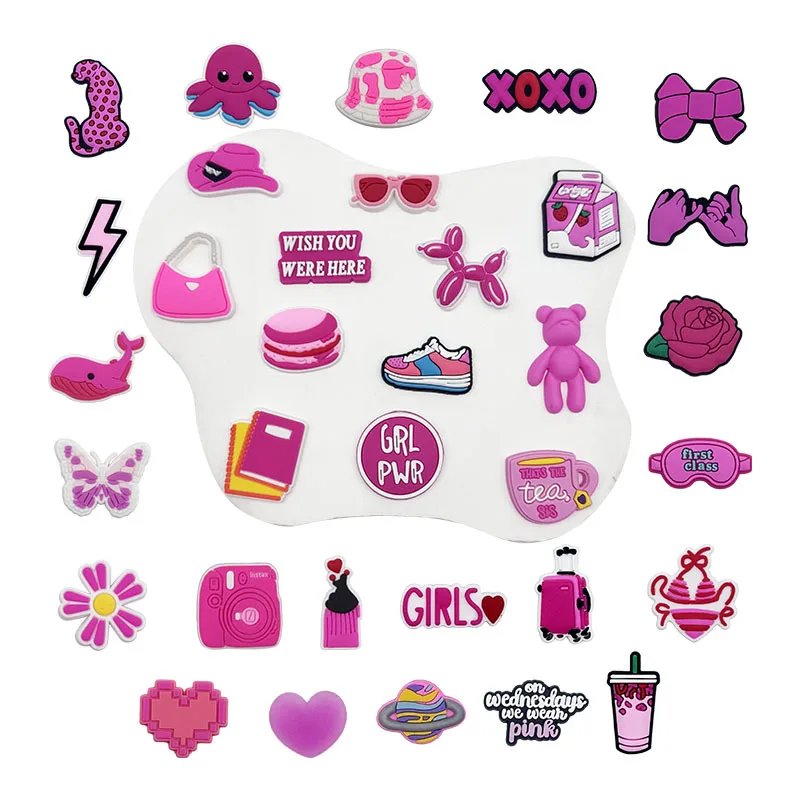 Hot Sales 34Pcs Pink Shoe Charms for Crocs Accessories Pin Shoe Wristband Croc Decorations Buckle Girls Women Party Gifts