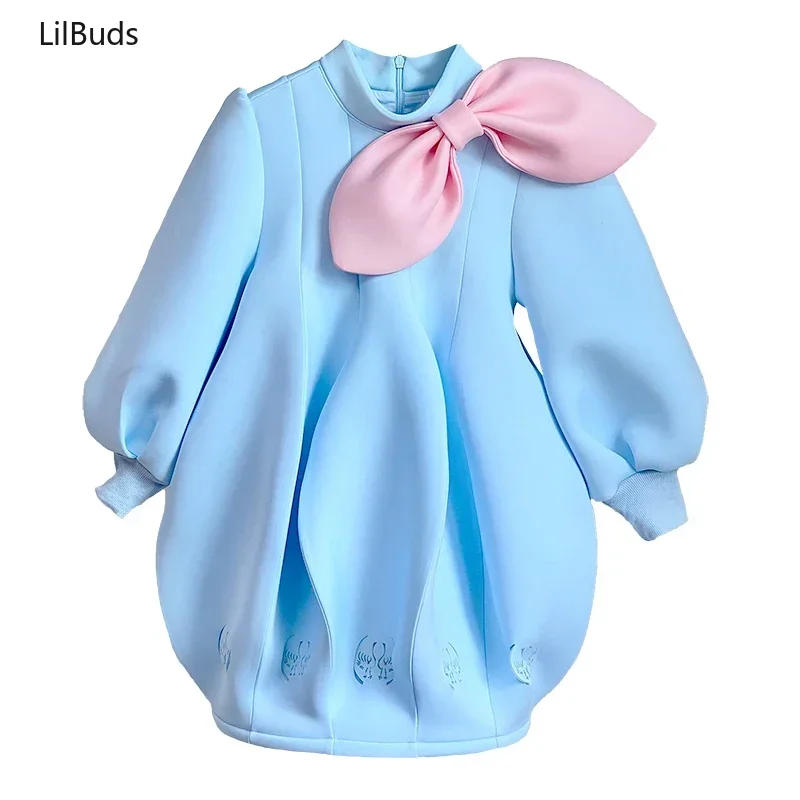 2024Children Girls Vase Korean Style Dress Clothes Kids Elegant Puff Sleeve Bow Doll Flower Girl Autumn and Winter Party Costume