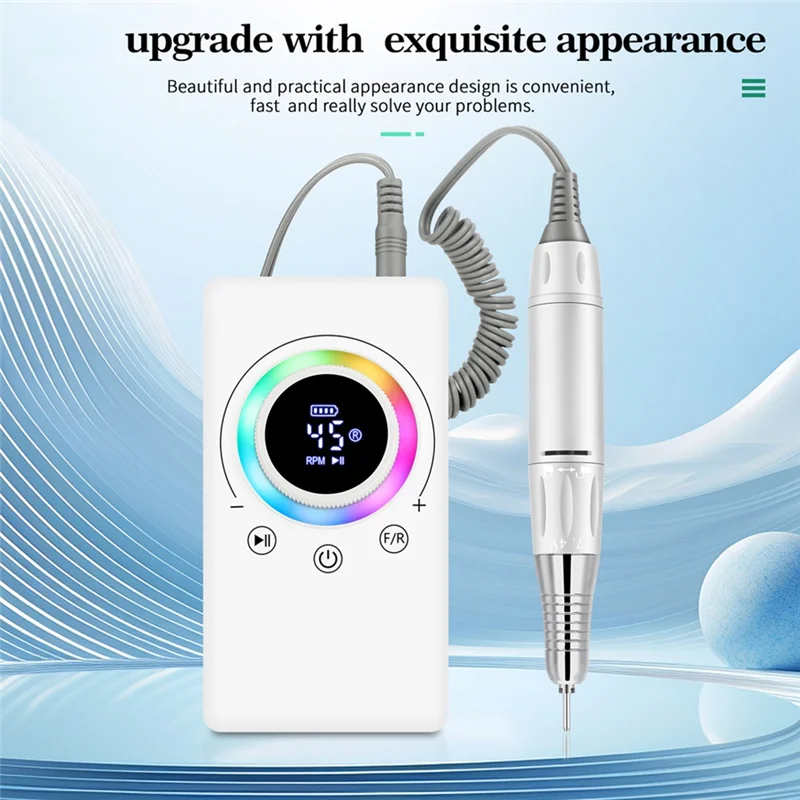 N02R-Nail Drill Machine 45000RPM Rechargeable Electric Nail HD LCD Display For Manicure For Nails Gel Polish Low Noise