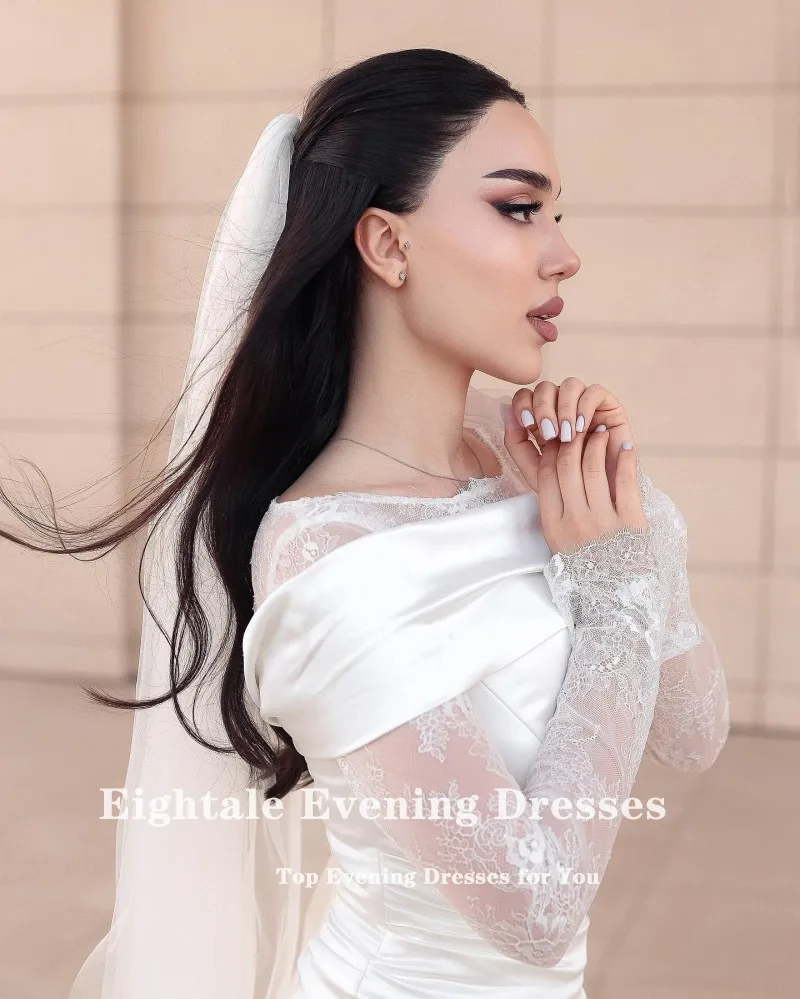 Eightale Arabic Wedding Dress Scoop Lace Customized White Ivory Satin Long Sleeves Muslim Bridal Gown Mermaid Bride Party Dress