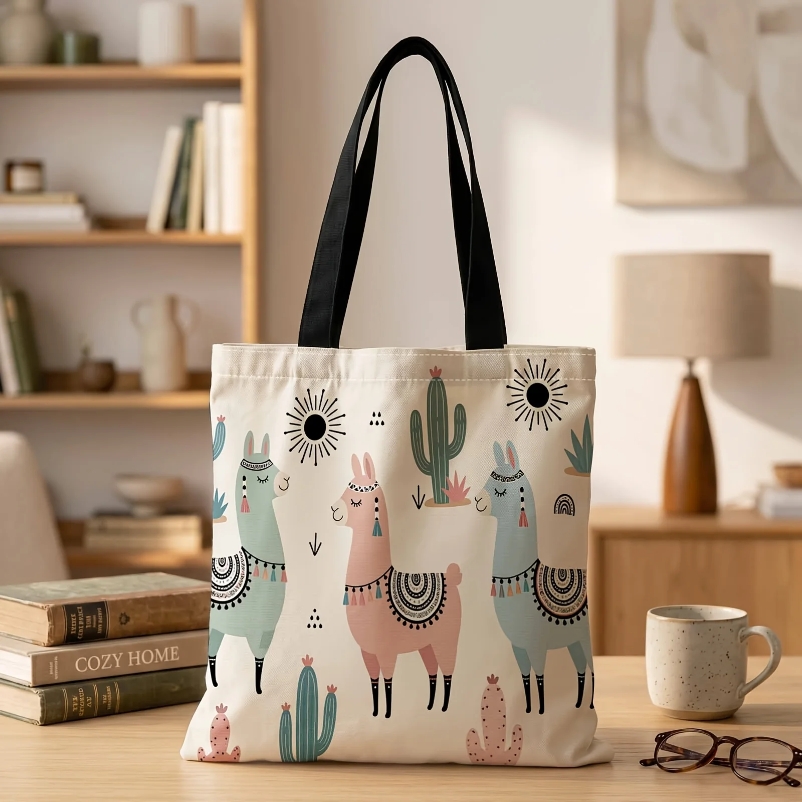 2D Printed Handbag with Desert Llamas in Sunlight Pattern, Reusable Fashion Shoulder Bag Shopping Tote Bag Suitable for Shopping