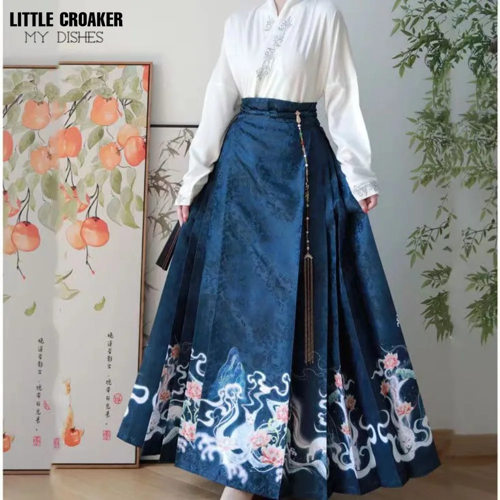 Conjunto de cárdigan de Hanfu tradicional chino Vintage para mujer + falda MaMian plisada azul, camisa Hanfu caliente china, falda de cara de caballo